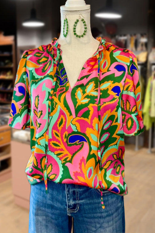Colorful Print Tie Neck Short Sleeve Top