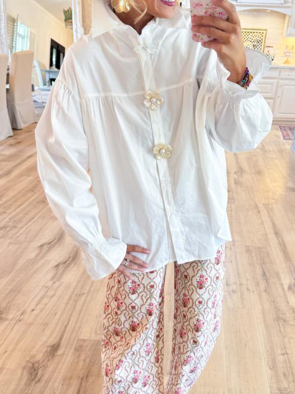 White Pearl Flower Button Down Top