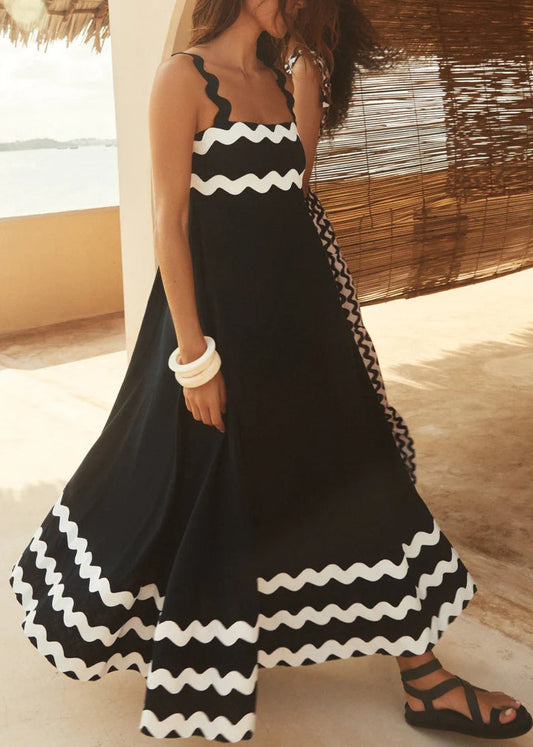 Lace Stitching Wave Suspender Black Maxi Dress