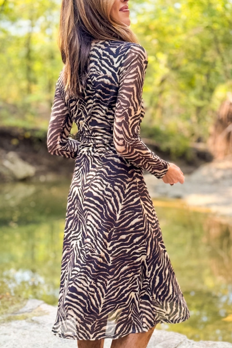Brynn Mesh Midi Dress In Animal Stripes
