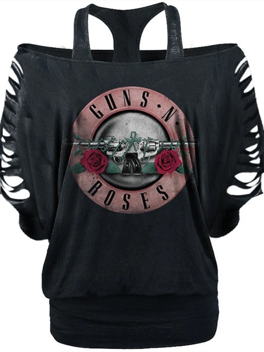 Retro print ladies bat sleeve casual T-shirt