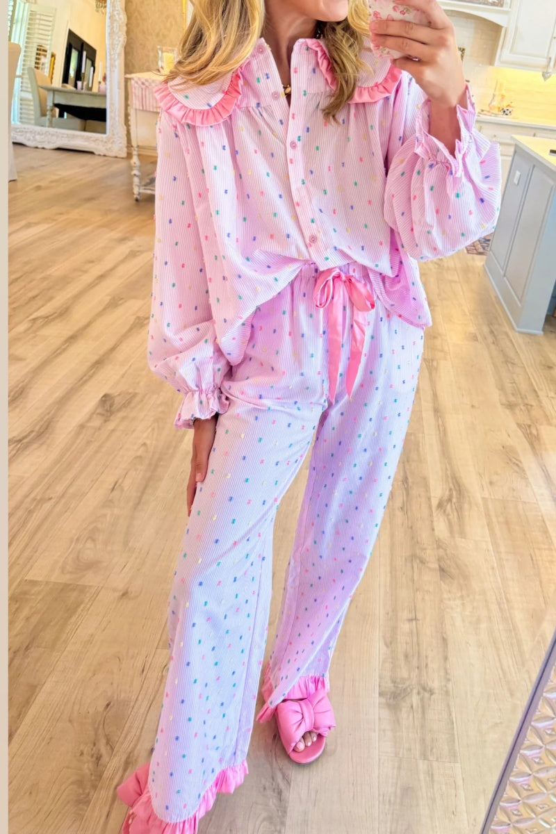 Pink Swiss Dot Striped Pajama Set