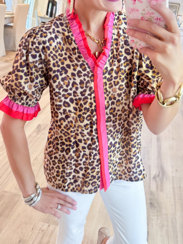 Leopard and Pink Contrast Trim Top