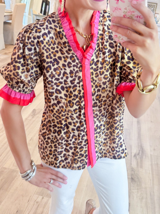 Leopard and Pink Contrast Trim Top