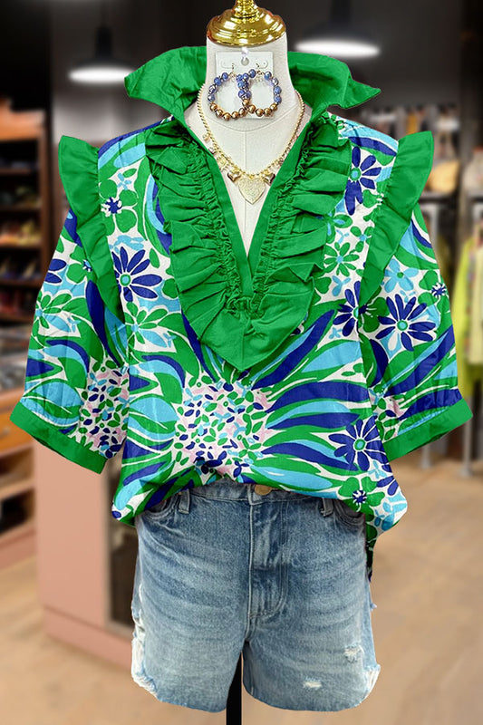 Botanical Floral Print Ruffle Neck Top