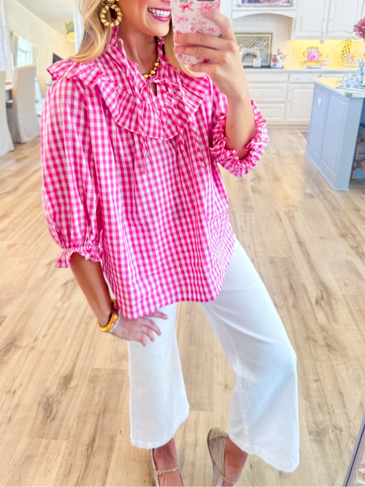 Pink Gingham Poplin Top
