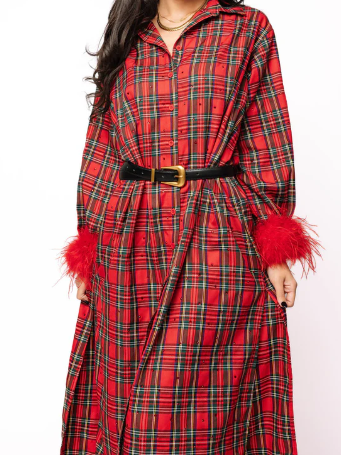 Red and green plaid feather sleeve button midi dress