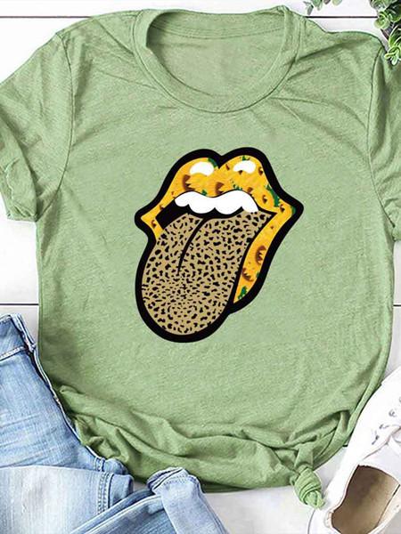 Leopard print tongue loose pullover ladies top