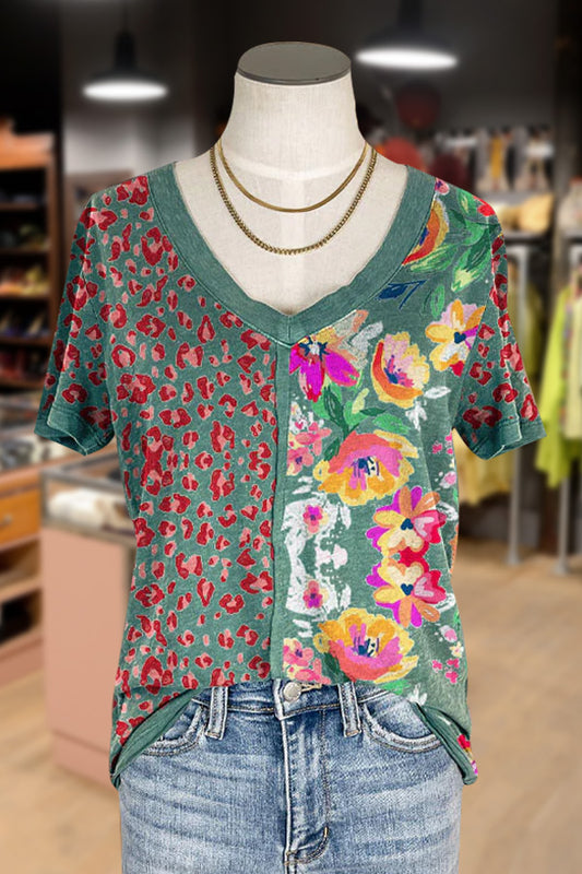Leopard Floral Print V-Neck Top