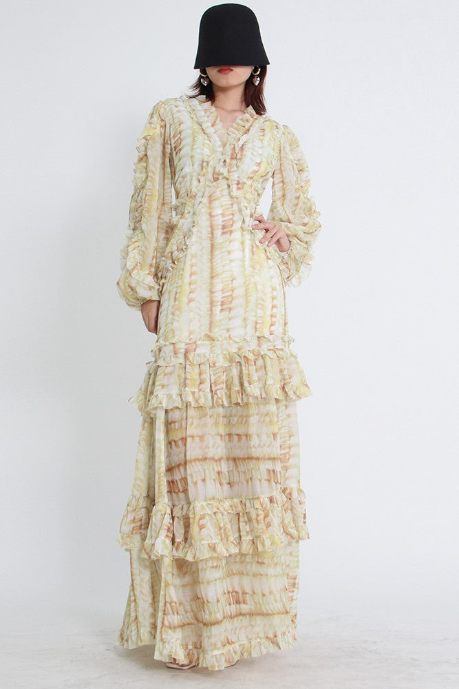 V-Neck Lace Puff Sleeve Tiered Ruffle Hem Maxi Dress Yellow