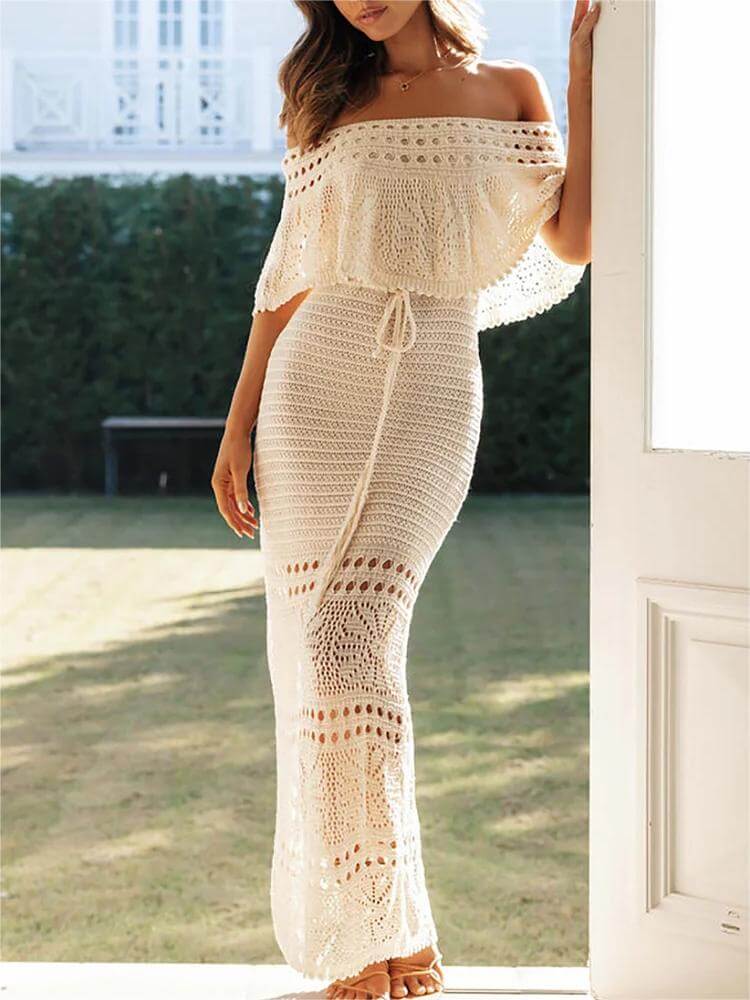 Crochet Off Shoulder Hollow Out Vacation Slim Maxi Dresses