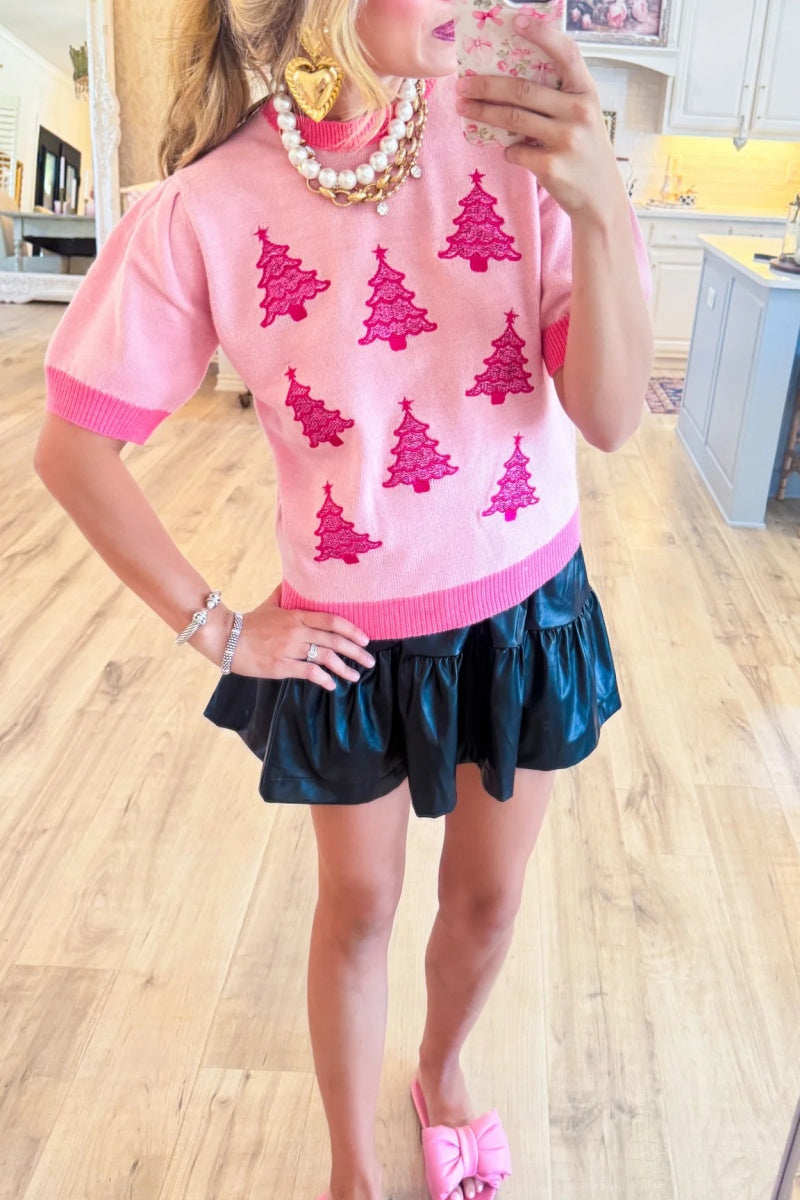 Pink Christmas Tree Short Sleeve Sweater