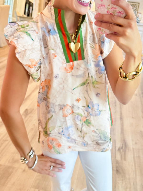 Blush Contrast Floral Puff Sleeve Top