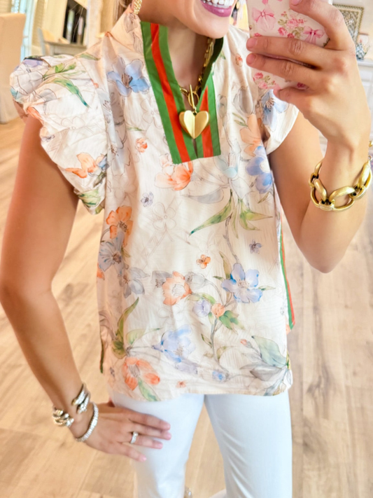 Blush Contrast Floral Puff Sleeve Top