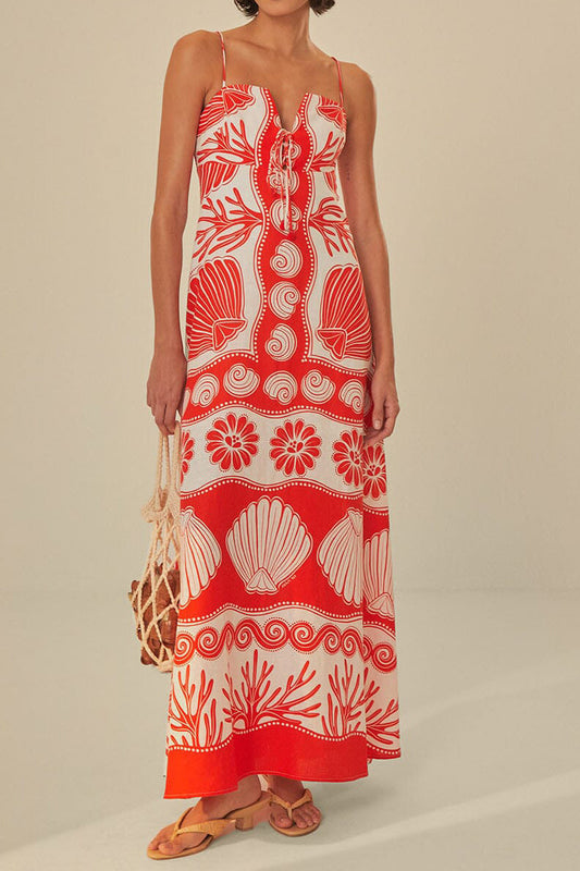 Ocean Print Suspender Tie Maxi Dress
