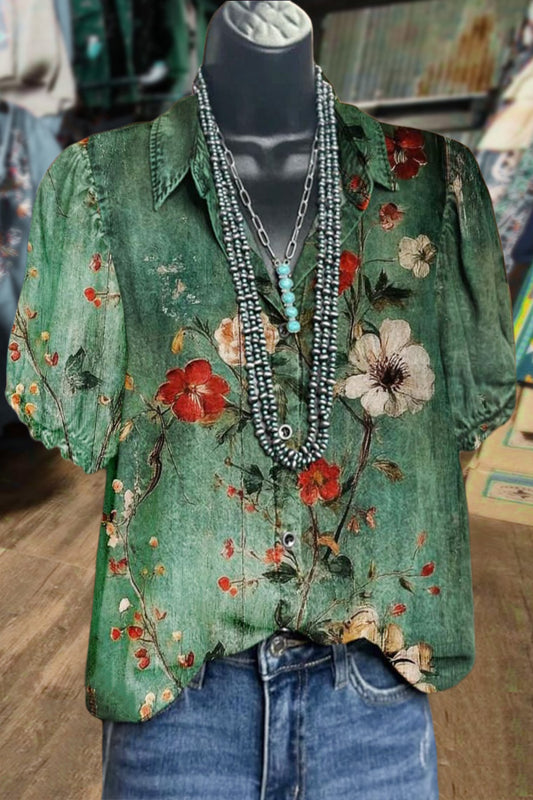 Retro Floral Print Puff Sleeve Top