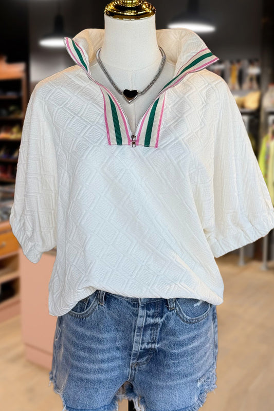 Textured Zip Collar Short Sleeve Top
