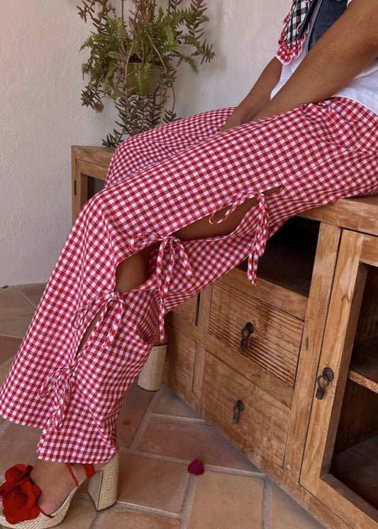 Red Check Trousers with Slit Drawstring