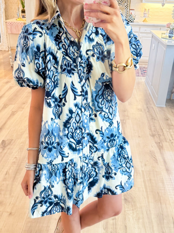Blue and Ivory Printed Short Sleeve Mini Dress