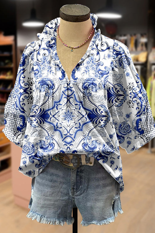 Retro Print Puff Sleeve Top