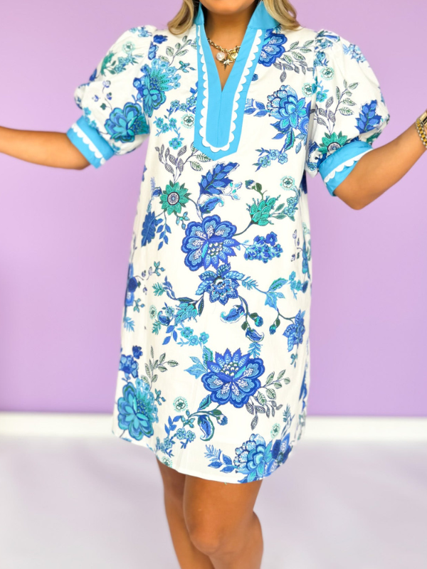 Blue Floral Print Contrast Neck Band Finish Dress
