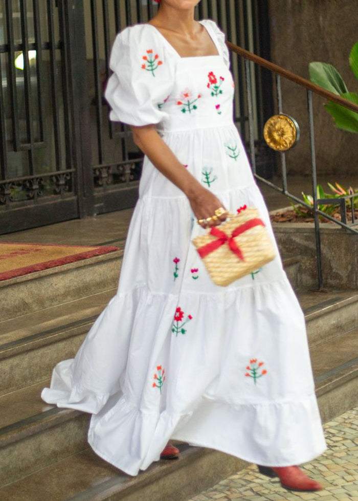 Floral Embroidery Square Neck Puff Sleeve Long Dress