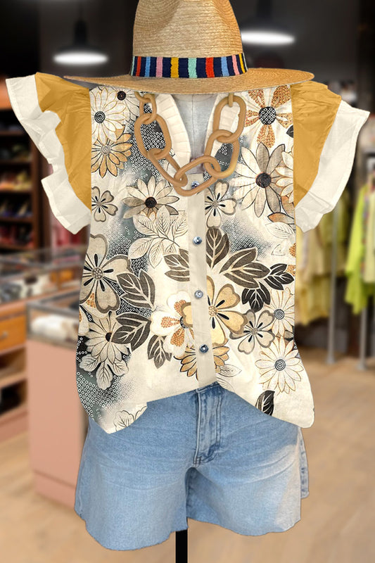 Chic Floral Print Layered Ruffle Sleeve Top