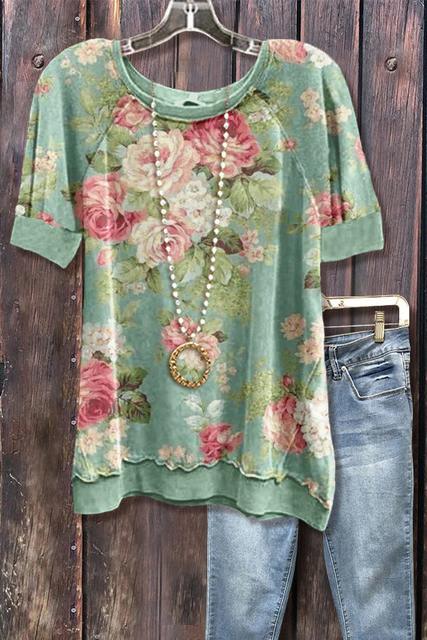Spring Floral Print Short Sleeve Sweatshirt