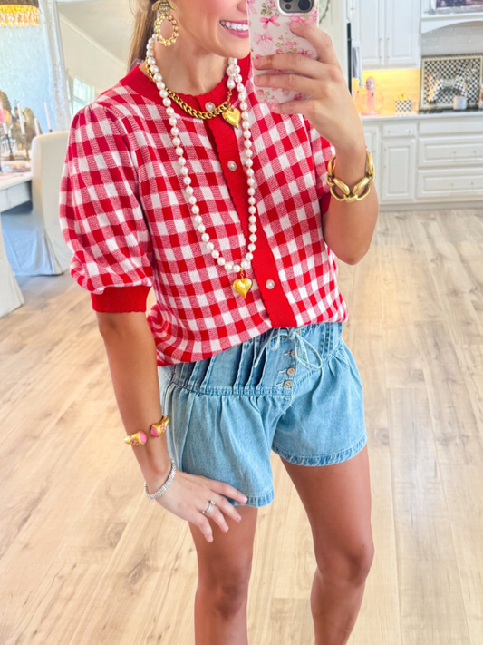 Red and White Gingham Cardigan
