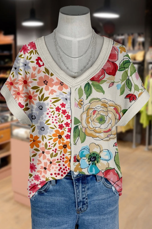 Multi Floral Print V-Neck T-Shirt