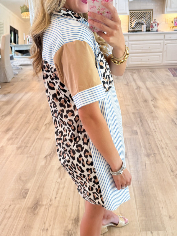 Blue Stripe Leopard Contrast Mini Dress
