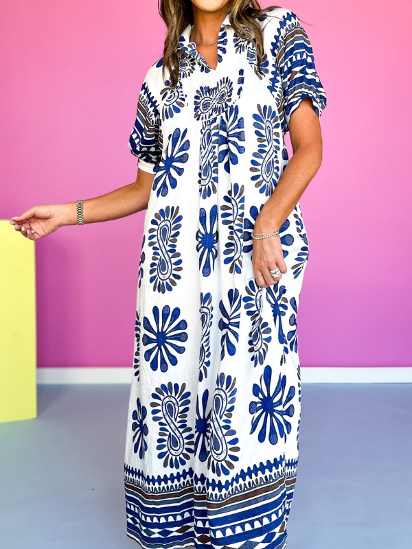 Smocked Yoke Balloon Sleeve Midi Dress