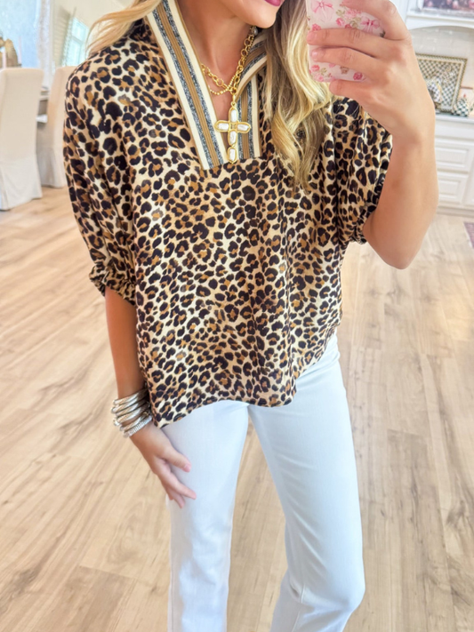 Camel Leopard Dolman Sleeve Top