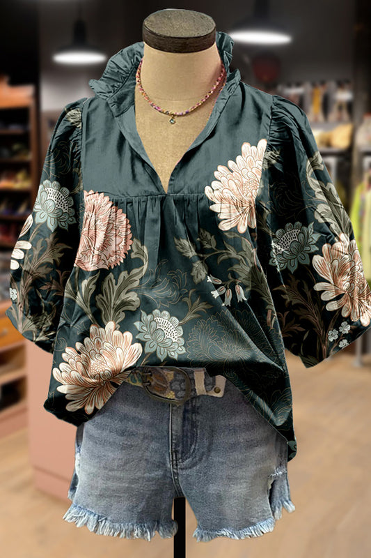 Retro Floral Print Puff Sleeve Top