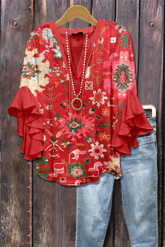 Colorful Retro Print Ruffle Sleeve Top