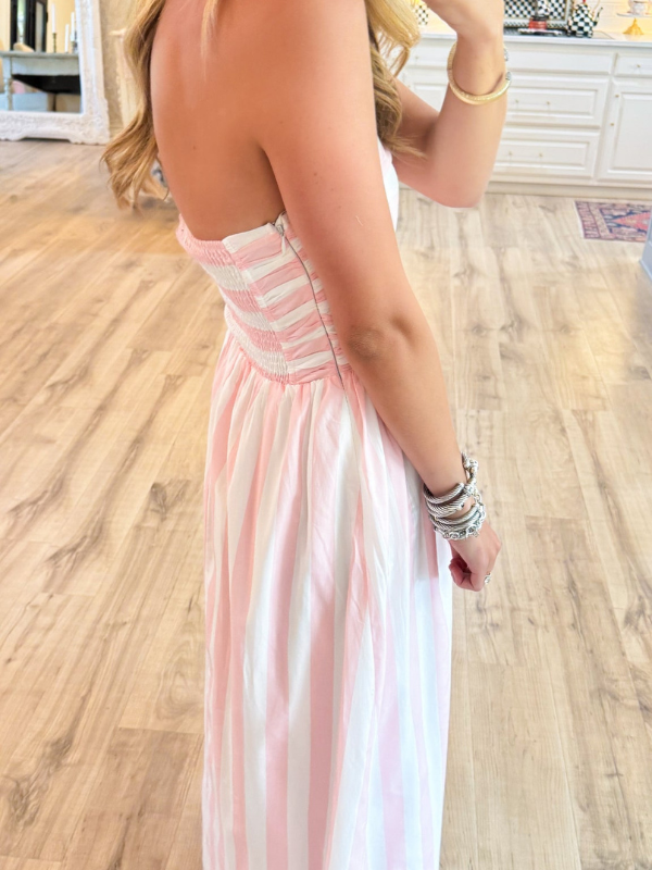 Ivory and Pink Stripe Strapless Maxi Dress