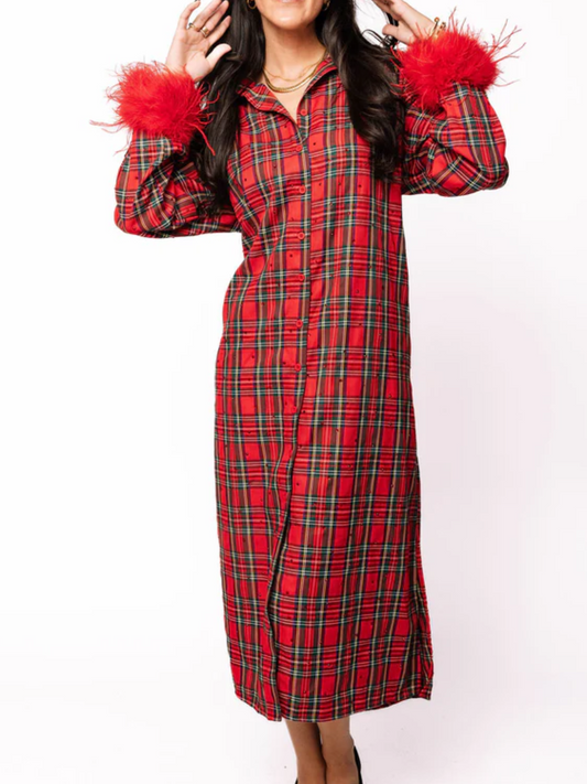Red and green plaid feather sleeve button midi dress