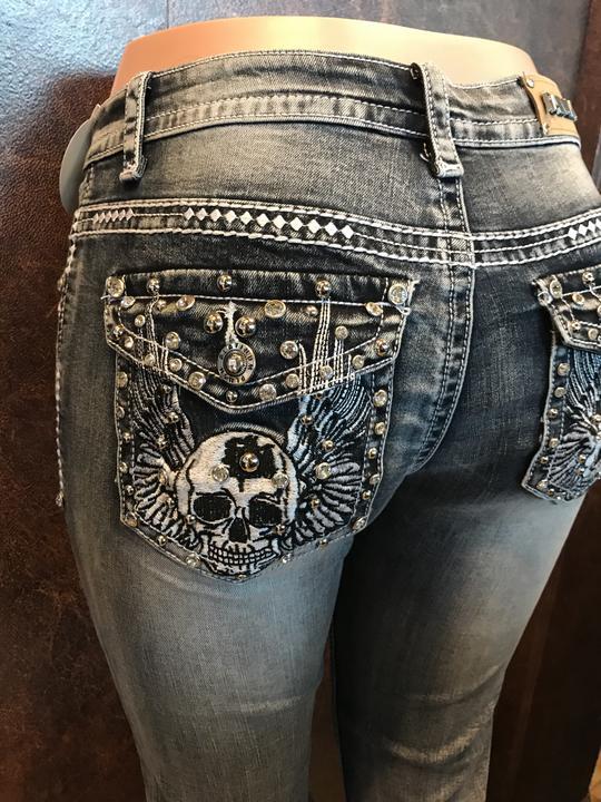 Retro embroidered skull beaded stretch flared denim trousers