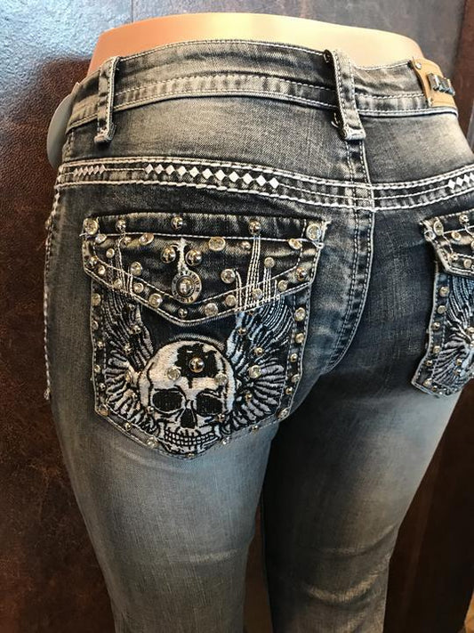 Retro embroidered skull beaded stretch flared denim trousers