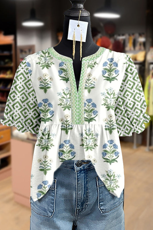 Mixed Floral Print Embroidered V-Neck Top