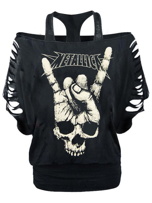 Women's T-shirts Skull Print Bat Sleeve Cutout T-shirt