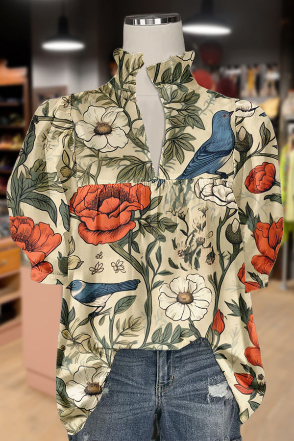Elegant Floral Print Puff Sleeve Top