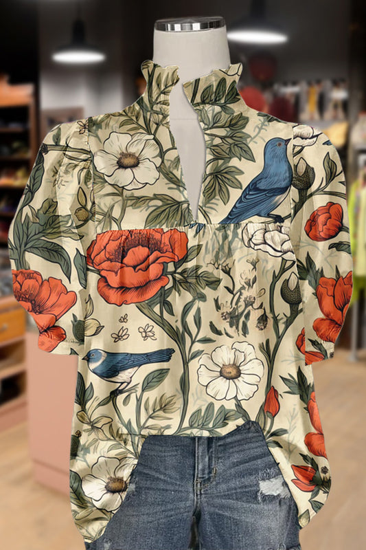 Elegant Floral Print Puff Sleeve Top