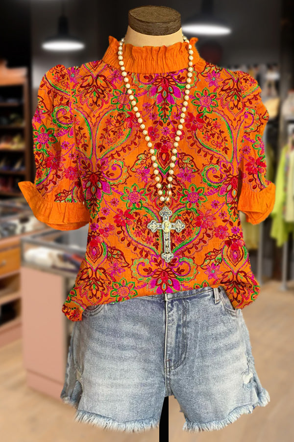 Vintage Floral Print Puff Sleeve Ruffle Neck Top