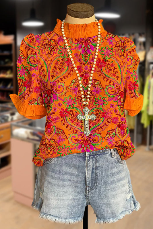 Vintage Floral Print Puff Sleeve Ruffle Neck Top