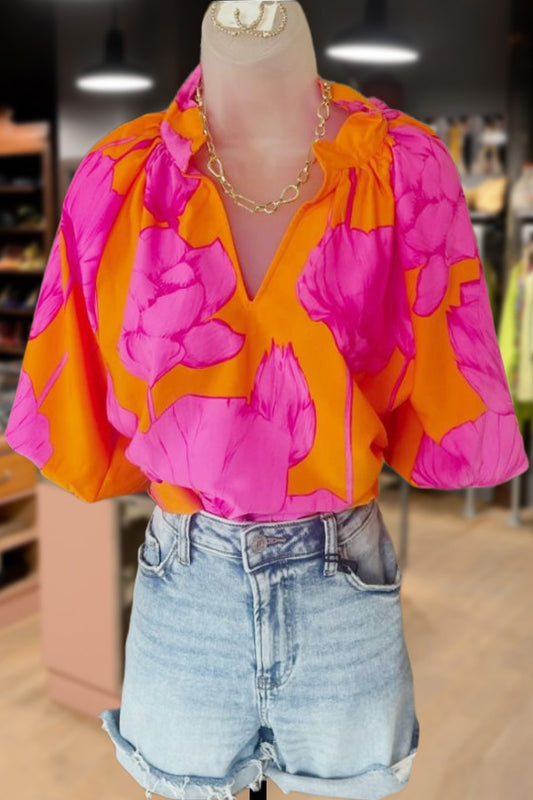 Chic Floral Print V-Neck Bubble Sleeve Top