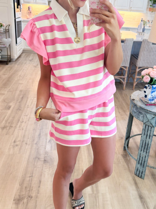 Pink and Cream Striped Ruffle Top