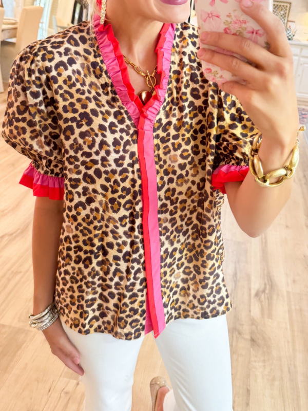 Leopard and Pink Contrast Trim Top