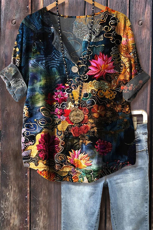 Vintage Floral Print V-Neck Three Quater Sleeve Top