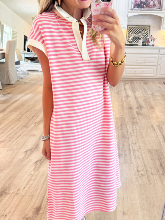 Ivory and Pink Striped Relaxed Midi Dress